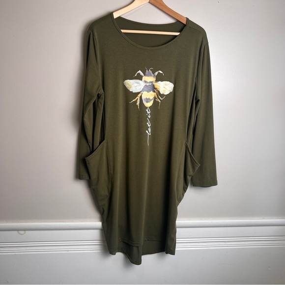 unbranded Dresses & Skirts - Olive Green Let It Bee Graphic Cotton Shirt Dress Pockets Size M EUC
